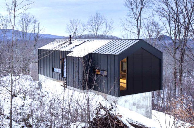 Bolton Residence, mnimalist cabin, cabin, Quebec, Naturehumaine, locally sourced material, timber frame, passive ventilation, slow-combustion fireplace, Eastern Townships, natural plateau, gabled, cantilevered, Bolton Residence by Naturehumaine