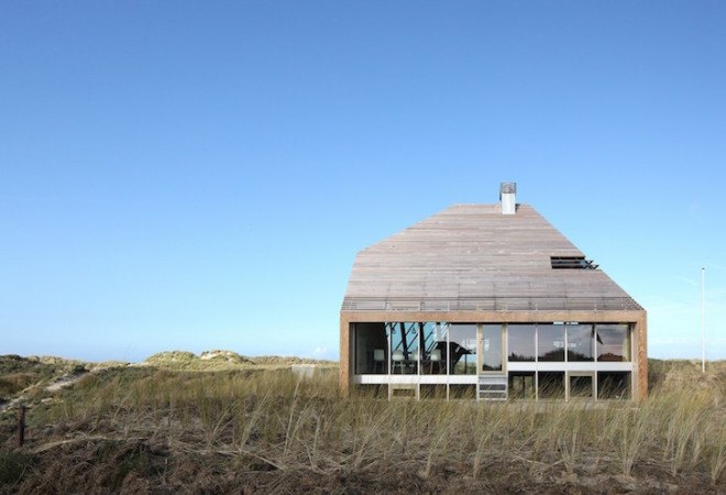 dune-inspired building, dune landscape, Dune House, Marc Koehler Architects, contemporary home, bio fuel, timber, cross laminated wood, gable roof, the netherlands, Terschelling island