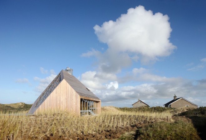 dune-inspired building, dune landscape, Dune House, Marc Koehler Architects, contemporary home, bio fuel, timber, cross laminated wood, gable roof, the netherlands, Terschelling island