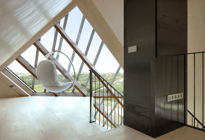 dune-inspired building, dune landscape, Dune House, Marc Koehler Architects, contemporary home, bio fuel, timber, cross laminated wood, gable roof, the netherlands, Terschelling island