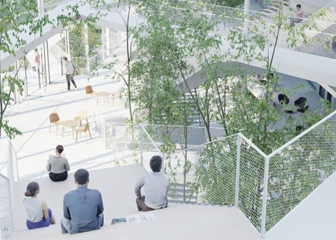 Ecole Polytechnique learning center, Sou Fujimoto Architects, Manal Rachdi OXO Architects, Nicolas Laisné Associates, learning center, glass facade, atrium, indoor graden, green spaces, green architecture, informal spaces