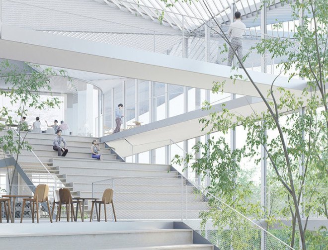 Ecole Polytechnique learning center, Sou Fujimoto Architects, Manal Rachdi OXO Architects, Nicolas Laisné Associates, learning center, glass facade, atrium, indoor graden, green spaces, green architecture, informal spaces