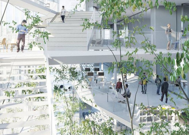 Ecole Polytechnique learning center, Sou Fujimoto Architects, Manal Rachdi OXO Architects, Nicolas Laisné Associates, learning center, glass facade, atrium, indoor graden, green spaces, green architecture, informal spaces