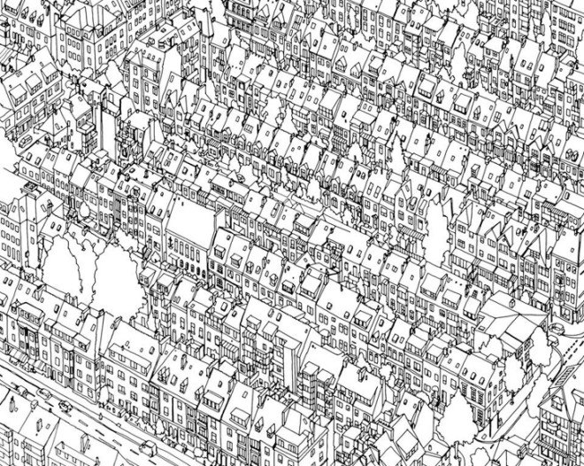 Fantastic Cities, Steve McDonald, architecture coloring book, architecture colouring book, city coloring book, city colouring book, coloring book for adults, coloring book for grown-ups, aerial cities, aerial coloring book, urban coloring book