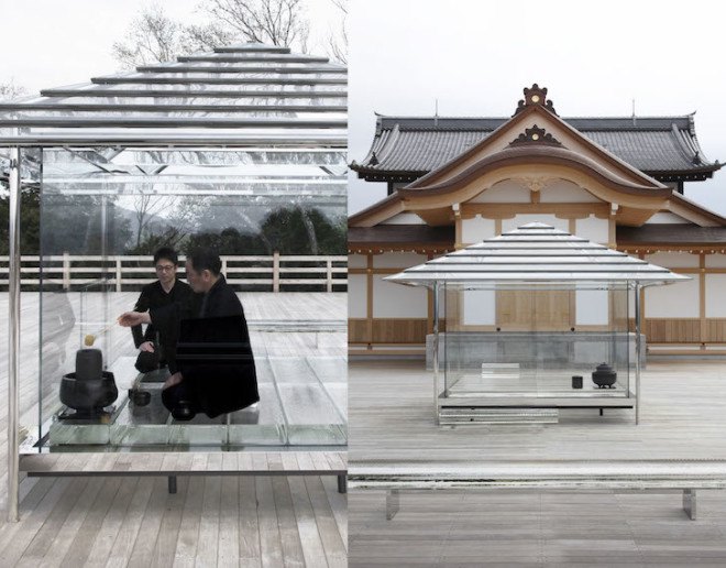 glass architecture, glass structure, japanese architecture, japanese traditional architecture, modern japanese tea house, modern tea house, Tokujin Yoshioka, Kyoto, tea ceremony, KOU-AN glass tea house, glass tea house, glass tea house by Tokujin Yoshioka
