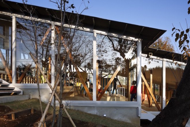 Yamazaki Kentaro Design Workshop, Hakusui Nursery School, Seiyu-Kai, Chiba, nursery school, glass sliding doors, floor to ceiling glass, Hakusui Nursery School by Yamazaki Kentaro Design Workshop