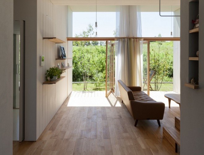 Passage of Landscape house, ihrmk, Japanese architects, Japan, rice fields, storage spaces, wooden deck, wooden terrace, natural ventilation, natural light, green architecture, passive house, daylit homes