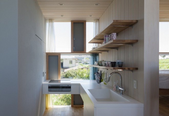 Passage of Landscape house, ihrmk, Japanese architects, Japan, rice fields, storage spaces, wooden deck, wooden terrace, natural ventilation, natural light, green architecture, passive house, daylit homes