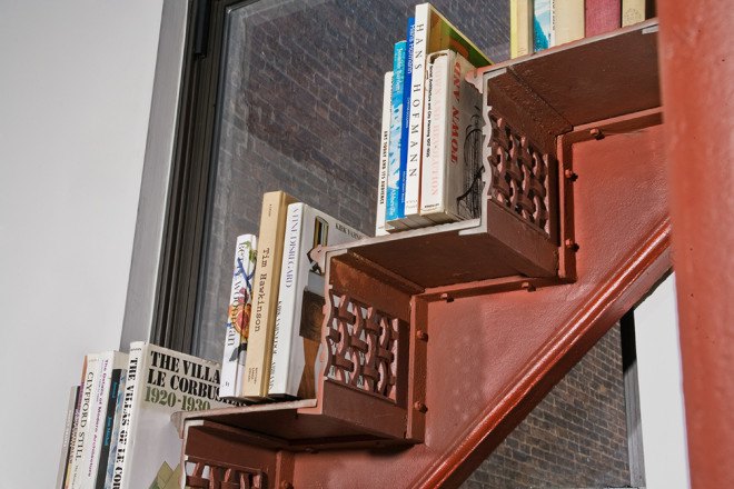 Reuse, recycled material, cast iron staircase, green renovation, bookshelf, green furniture, green design, IKD