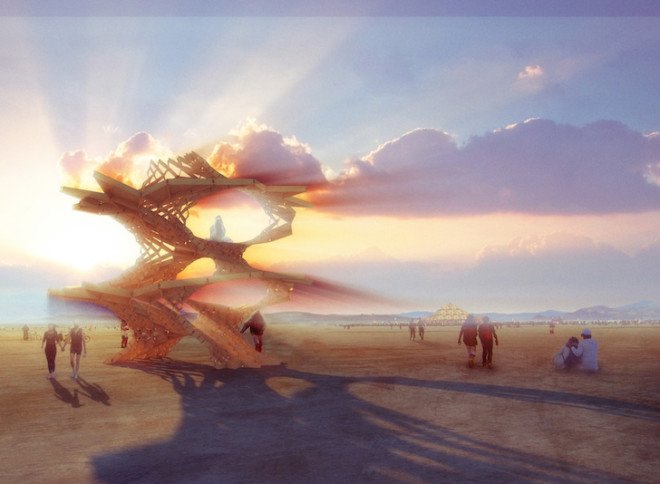 parametric design, radical self reliance, burning man, burning man festival, 2015, led lighting, geometric design, origami, carnival of mirrors, black rock desert, nevada, helix, helical structures, infinity tree, tobias power, wewanttolearn.net, reflection, lorna jackson, bismuth bivouac, digital fabrication