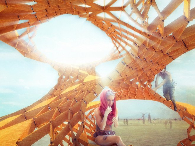 parametric design, radical self reliance, burning man, burning man festival, 2015, led lighting, geometric design, origami, carnival of mirrors, black rock desert, nevada, helix, helical structures, infinity tree, tobias power, wewanttolearn.net, reflection, lorna jackson, bismuth bivouac, digital fabrication