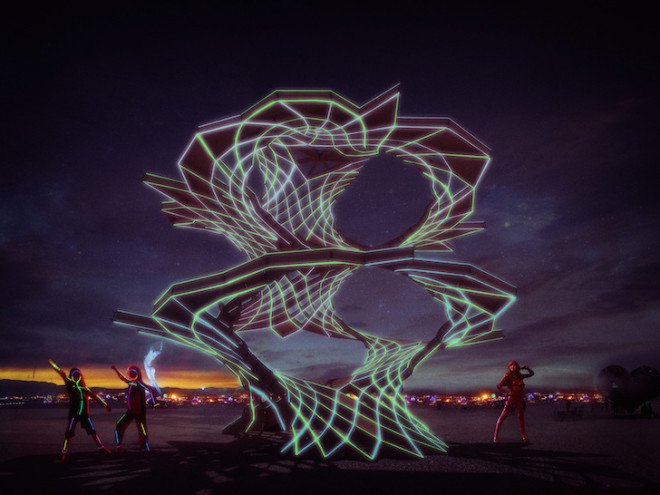 parametric design, radical self reliance, burning man, burning man festival, 2015, led lighting, geometric design, origami, carnival of mirrors, black rock desert, nevada, helix, helical structures, infinity tree, tobias power, wewanttolearn.net, reflection, lorna jackson, bismuth bivouac, digital fabrication