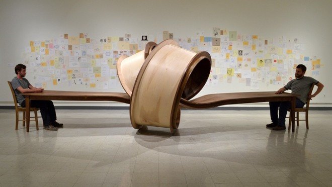 Michael Beitz, wooden sculpture, green furniture, green art, table design, picnic table