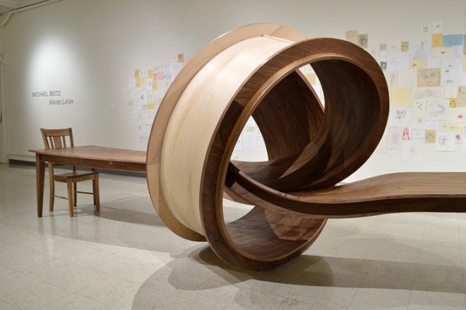 Michael Beitz, wooden sculpture, green furniture, green art, table design, picnic table