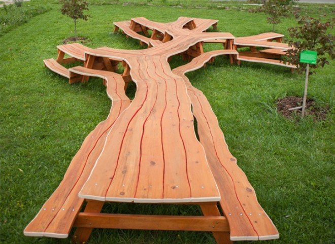Michael Beitz, wooden sculpture, green furniture, green art, table design, picnic table