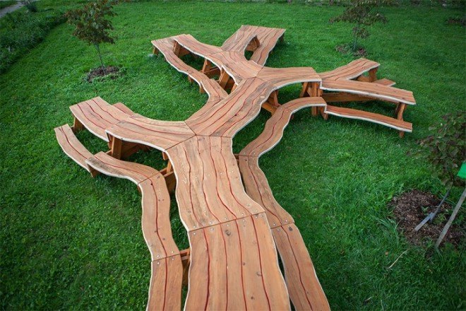 Michael Beitz, wooden sculpture, green furniture, green art, table design, picnic table