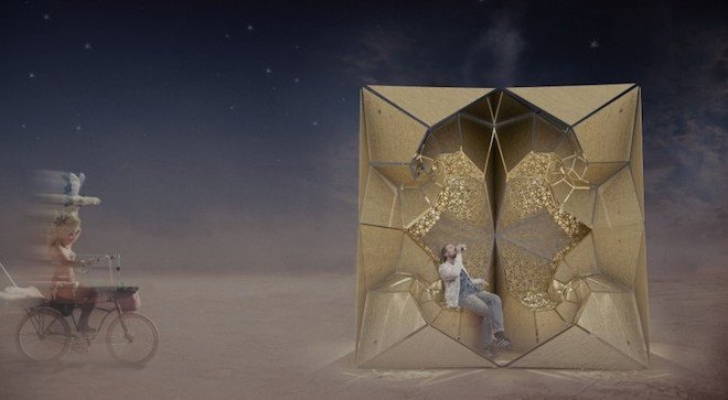 parametric design, radical self reliance, burning man, burning man festival, 2015, led lighting, geometric design, origami, carnival of mirrors, black rock desert, nevada, helix, helical structures, infinity tree, tobias power, wewanttolearn.net, reflection, lorna jackson, bismuth bivouac, digital fabrication
