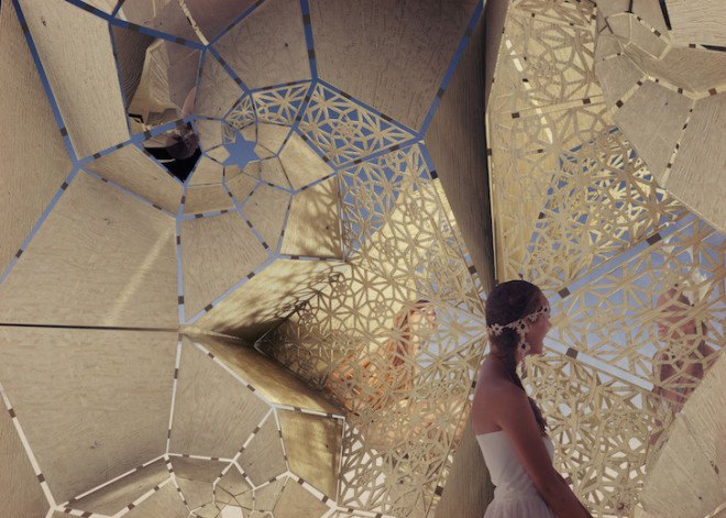 parametric design, radical self reliance, burning man, burning man festival, 2015, led lighting, geometric design, origami, carnival of mirrors, black rock desert, nevada, helix, helical structures, infinity tree, tobias power, wewanttolearn.net, reflection, lorna jackson, bismuth bivouac, digital fabrication