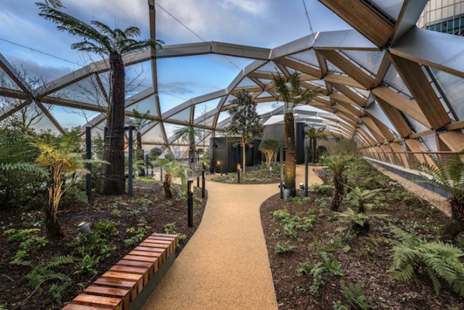 Canary Wharf, Crossrail Place, financial district, rooftop garden, Gillepsies, green design, sustainable design, sustainable transportation, London, UK, indigenous plants, ETFE cushions, ETFE plastic, timber, public garden London, Foster & Partners