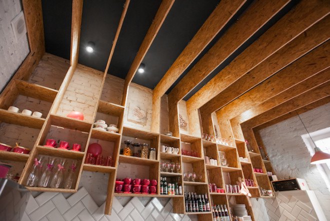 Rozove Cafe, mode:lina architecture studio, pinkest shop and cafe in Poznan, Poznan, Poland, mode:lina, plywood, MFP boards, herringbone tiles, brick walls, natural light