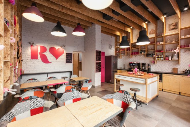 Rozove Cafe, mode:lina architecture studio, pinkest shop and cafe in Poznan, Poznan, Poland, mode:lina, plywood, MFP boards, herringbone tiles, brick walls, natural light
