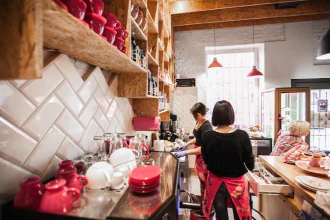 Rozove Cafe, mode:lina architecture studio, pinkest shop and cafe in Poznan, Poznan, Poland, mode:lina, plywood, MFP boards, herringbone tiles, brick walls, natural light