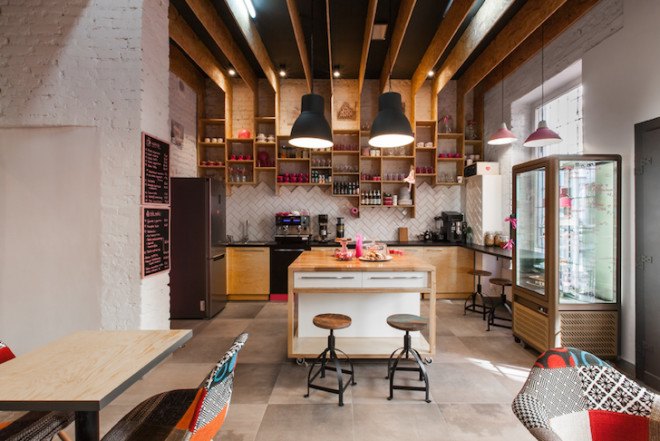 Rozove Cafe, mode:lina architecture studio, pinkest shop and cafe in Poznan, Poznan, Poland, mode:lina, plywood, MFP boards, herringbone tiles, brick walls, natural light
