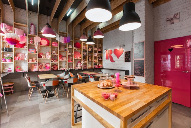 Rozove Cafe, mode:lina architecture studio, pinkest shop and cafe in Poznan, Poznan, Poland, mode:lina, plywood, MFP boards, herringbone tiles, brick walls, natural light