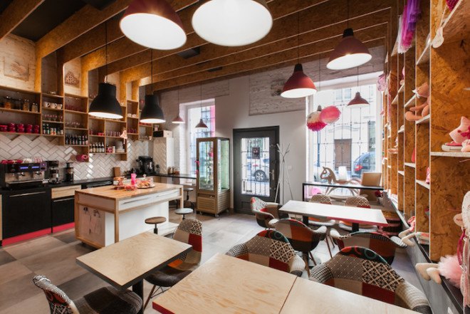 Rozove Cafe, mode:lina architecture studio, pinkest shop and cafe in Poznan, Poznan, Poland, mode:lina, plywood, MFP boards, herringbone tiles, brick walls, natural light