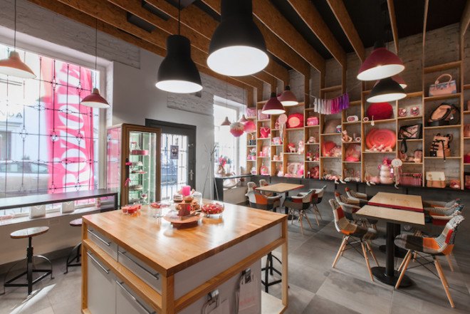 Rozove Cafe, mode:lina architecture studio, pinkest shop and cafe in Poznan, Poznan, Poland, mode:lina, plywood, MFP boards, herringbone tiles, brick walls, natural light