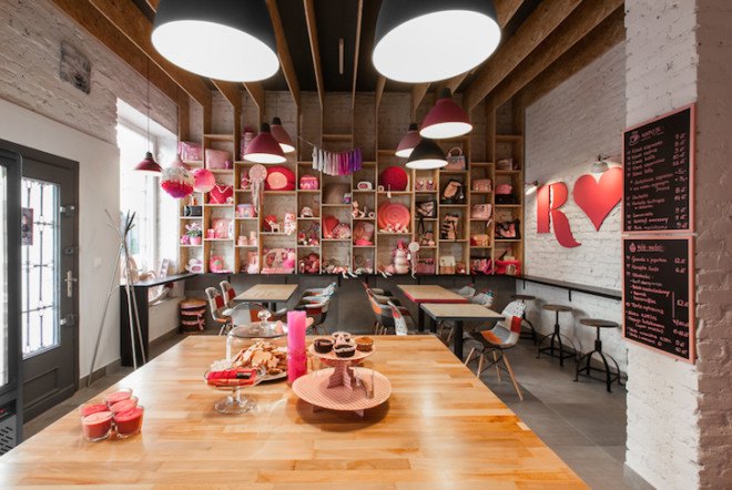 Rozove Cafe, mode:lina architecture studio, pinkest shop and cafe in Poznan, Poznan, Poland, mode:lina, plywood, MFP boards, herringbone tiles, brick walls, natural light