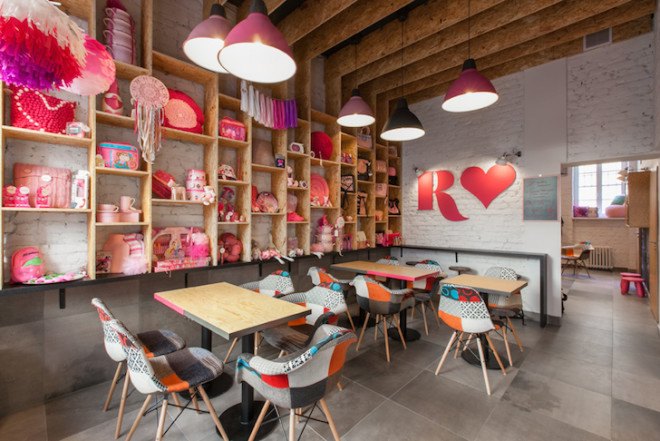 Rozove Cafe, mode:lina architecture studio, pinkest shop and cafe in Poznan, Poznan, Poland, mode:lina, plywood, MFP boards, herringbone tiles, brick walls, natural light