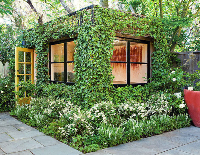 backyard shed, backyard, cottage, backyard office, plant-covered office, backyard studio, backyard art studio, san francisco backyard office, san francisco backyard studio, Scott Lewis Landscape Architects, landscape architecture, garden, garden studio, green cube studio, San Francisco, urban garden, artist studio, garden renovation, urban oasis