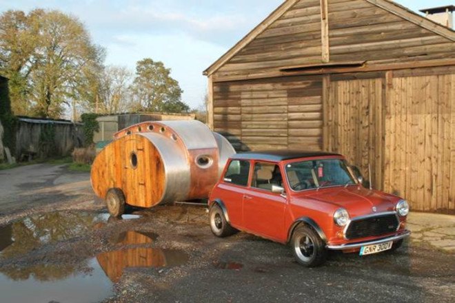 dave moult, teardrop trailer, steampunk, 19th century design, copper, leather, recycled materials