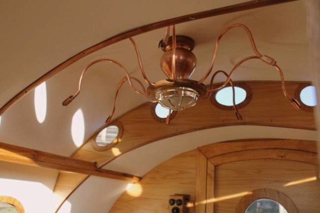 dave moult, teardrop trailer, steampunk, 19th century design, copper, leather, recycled materials