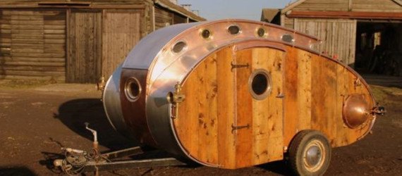 dave moult, teardrop trailer, steampunk, 19th century design, copper, leather, recycled materials