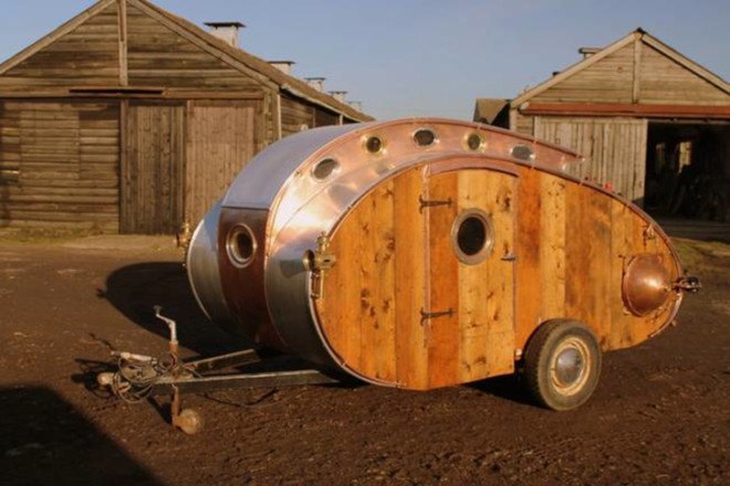 dave moult, teardrop trailer, steampunk, 19th century design, copper, leather, recycled materials