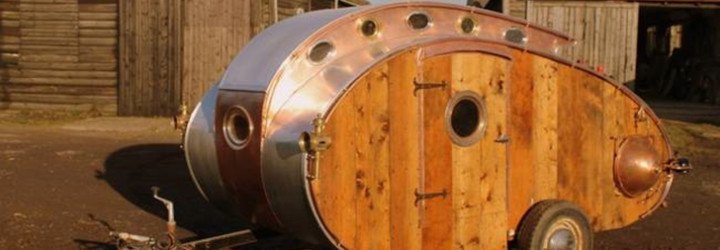 dave moult, teardrop trailer, steampunk, 19th century design, copper, leather, recycled materials