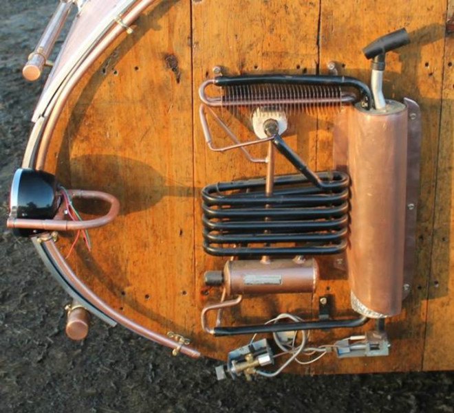 dave moult, teardrop trailer, steampunk, 19th century design, copper, leather, recycled materials