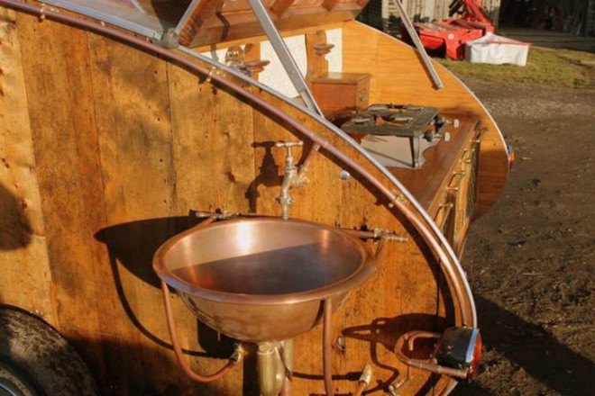 dave moult, teardrop trailer, steampunk, 19th century design, copper, leather, recycled materials