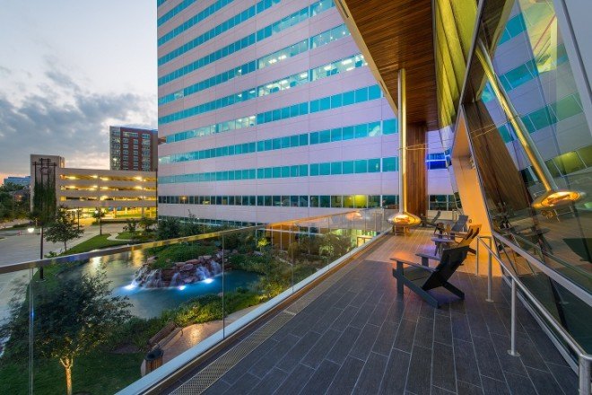 TreeHouse Memorial City, LEED Platinum, Texas, Houston, green office building, green building, solar panels, rainwater harvesting, energy-efficient building, green roof, roof garden