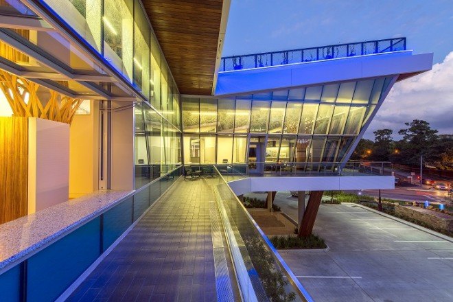 TreeHouse Memorial City, LEED Platinum, Texas, Houston, green office building, green building, solar panels, rainwater harvesting, energy-efficient building, green roof, roof garden