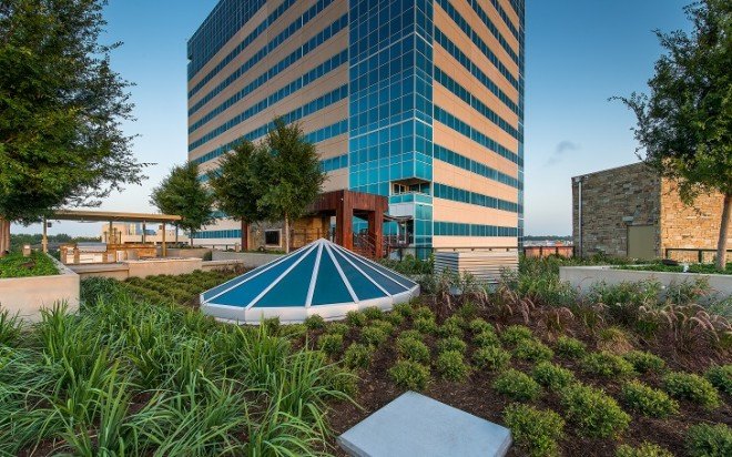 TreeHouse Memorial City, LEED Platinum, Texas, Houston, green office building, green building, solar panels, rainwater harvesting, energy-efficient building, green roof, roof garden