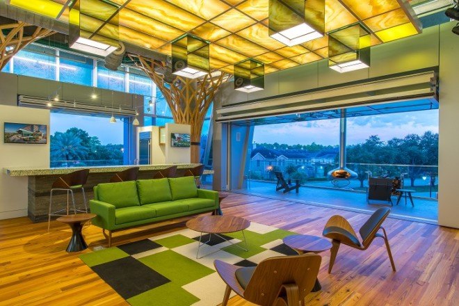 TreeHouse Memorial City, LEED Platinum, Texas, Houston, green office building, green building, solar panels, rainwater harvesting, energy-efficient building, green roof, roof garden