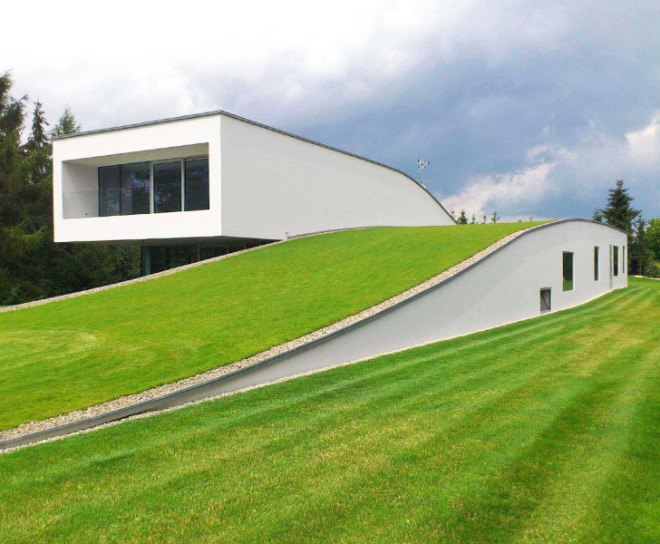 Auto family house, KWK Promes, Poland, drive thru art gallery, automobiles, car, eco-friendly car, green roof, modern home, art gallery, cantilever
