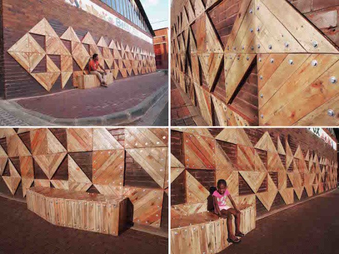r1, Betty Fox, Johannesburg, South Africa, Maboneng Precinct, geometric mural, wood mural, reclaimed wood, locally sourced wood, reader submitted content