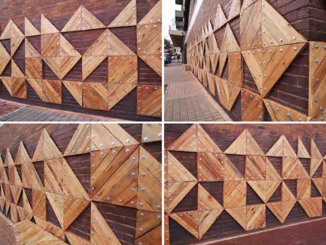 r1, Betty Fox, Johannesburg, South Africa, Maboneng Precinct, geometric mural, wood mural, reclaimed wood, locally sourced wood, reader submitted content