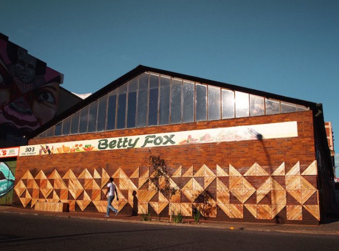 r1, Betty Fox, Johannesburg, South Africa, Maboneng Precinct, geometric mural, wood mural, reclaimed wood, locally sourced wood, reader submitted content