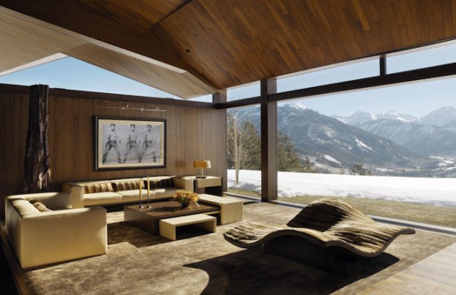 sandstone, black walnut, Wildcat Ridge Residence, Voorsanger Architects, Aspen, Colorado, geothermal energy, geothermal well, floor to ceiling glass, panoramic views, mountains, mountain ridge, Rocky mountains, moss rock wall