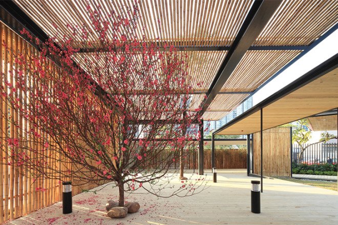 Hong Kong, Architectural Services Department, contemporary Chinese-style, Community Green Station, Sha Tin, bamboo screens, recycled shipping containers, open courtyards, prefab architecture, modular architecture